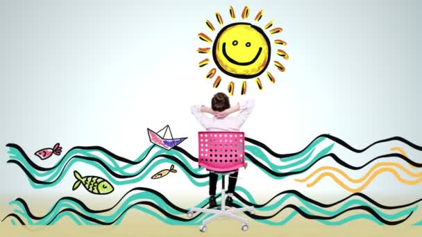 Slimme tiener meisje in glazen dromen van de zomer, tekent ideale zee vakantie beeld in haar verbeelding. Het concept van motivatie, herladen, vakantie, zomer, — Stockvideo