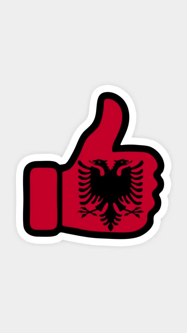 Pantalla vertical, formato vertical. Dibujo, animación es en forma de, corazón, chat, pulgar hacia arriba con la imagen de la bandera de Albania. Fondo blanco — Vídeo de stock