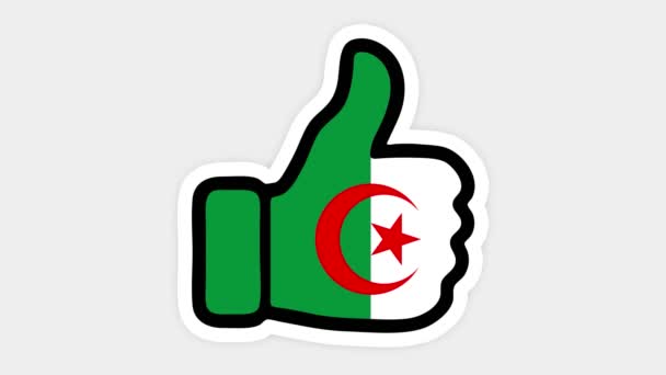 Desenho, animação é em forma de como, coração, bate-papo, polegar para cima com a imagem da bandeira da Argélia. Fundo branco — Vídeo de Stock