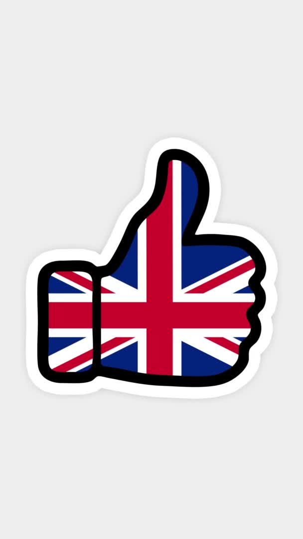 Verticaal scherm, verticaal formaat. Tekenen, animatie is in de vorm van, hart, chat, duim omhoog met het beeld van de vlag van Groot-Brittannië. Witte achtergrond — Stockvideo