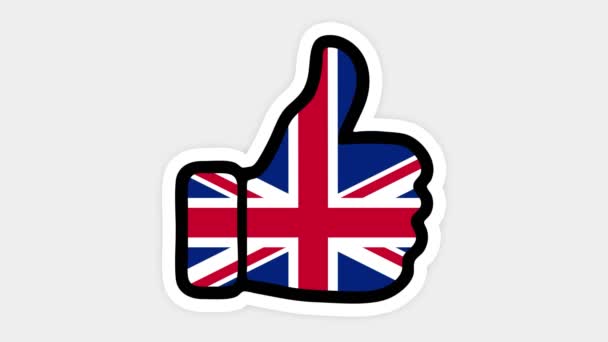 Drawing, animation is in form of like, heart, chat, thumb up with the image of Great Britain flag . White background — Stock Video