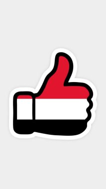 dikey ekran, dikey biçim. Çizim, animasyon Yemen bayrağının görüntüsüyle kalp şeklinde, sohbet şeklinde, başparmak yukarı doğru. Beyaz arkaplan