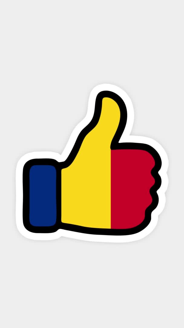 Vertical screen, Vertical format. Drawing, animation is in form of like, heart, chat, thumb up with the image of Romania flag . White background — Stock Video