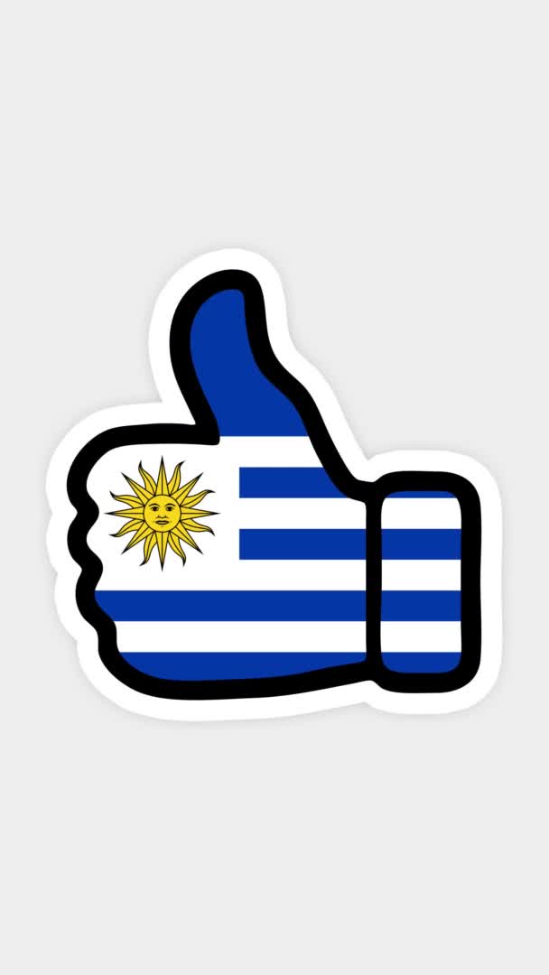 Pantalla vertical, formato vertical. Dibujo, animación es en forma de, corazón, chat, pulgar hacia arriba con la imagen de la bandera de Uruguay. Fondo blanco — Vídeo de stock