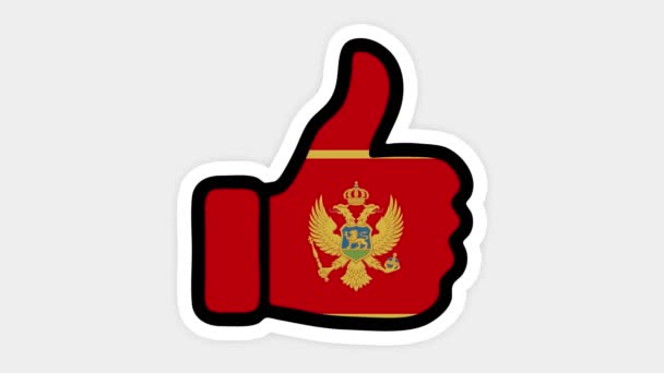 Dibujo, animación es en forma de como, corazón, chat, pulgar hacia arriba con la imagen de la bandera de Montenegro. Fondo blanco — Vídeo de stock