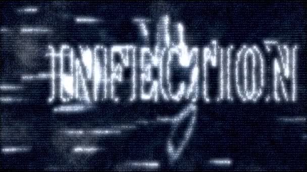 Maticový efekt. lidská ruka, infekce nápis se objeví na černém kybernetickém vzoru digitální pozadí. Počítačový scénář. Programovací kód. Datový proud digitálních abstraktních bitů. digitální technologie. — Stock video