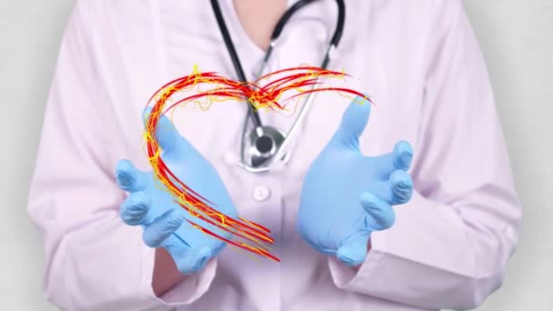 Gros plan. Médecin en manteau médical blanc, gants bleus tient dans les mains tiré coeur palpitant avec drapeau de Hongrie. Concept de médecins luttant contre l'épidémie mondiale, coronavirus . — Video