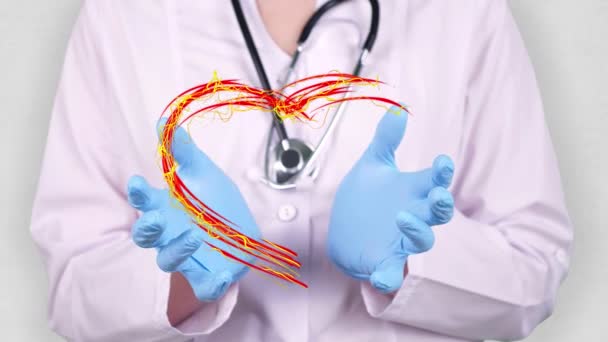 Close-up. Doctor in medical white coat, blue gloves holds in hands drawn pulsating heart with Spain flag. Concept of doctors struggling against global epidemic, coronavirus. — Stock Video