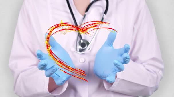 Detailní záběr. Doktor v bílém lékařském kabátě, modré rukavice drží v rukou tažené pulzující srdce se srbskou vlajkou. Koncepce lékařů bojujících proti globální epidemii, koronaviru. — Stock video