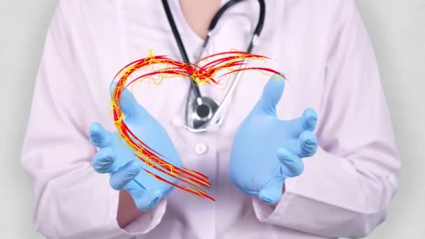 Крупный план. Лікар у білому медичному пальто, блакитні рукавички тримаються в руках, намальованих пульсуючим серцем з прапором Південної Африки. Концепція лікарів, які борються з глобальною епідемією, коронавірус.. — стокове відео