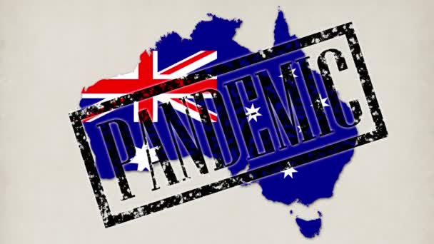 短いビデオ9ビデオ.多くの小さな細菌やウイルスが旗の色でオーストラリアの地図になっている。閉じ込められた青い医療用手袋の医師の手は碑文、切手、パンデミック、隔離として — ストック動画