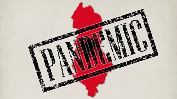 9 korta videor. Många små bakterier och virus förvandlas till karta över Albanien land i färg av sin flagga. närbild, läkare händer i blå medicinska handskar sätta inskriptioner, stämplar, som pandemi, karantän — Stockvideo