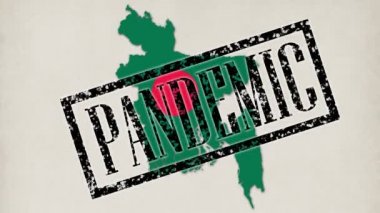 9 kısa video. Birçok küçük mikrop ve virüs, bayrağının renginde Bangladeş ülkesinin haritasına dönüşür. Yakın plan, mavi eldivenli doktor pandemik ve karantina gibi yazıtlar ve pullar koydu.