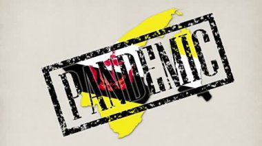 9 kısa video. Birçok küçük mikrop ve virüs, bayrağının renginde Brunei ülkesinin haritasına dönüşür. Yakın plan, mavi eldivenli doktor pandemik ve karantina gibi yazıtlar ve pullar koydu.