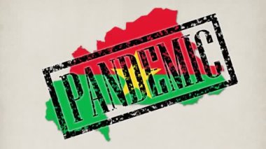 9 kısa video. Birçok küçük mikrop ve virüs, bayrağının renginde Burkina Faso ülkesinin haritasına dönüşür. Yakın plan, mavi eldivenli doktor pandemik ve karantina gibi yazıtlar ve pullar koydu.