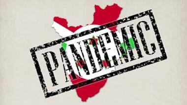 9 kısa video. Birçok küçük mikrop ve virüs, bayrağının renginde Burundi ülkesinin haritasına dönüşür. Yakın plan, mavi eldivenli doktor pandemik ve karantina gibi yazıtlar ve pullar koydu.