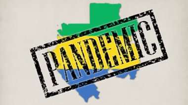 9 kısa video. Küçük mikroplar ve virüsler, Gabon ülkesinin bayrak renginde haritasına dönüşür. Doktor elleri mavi tıp eldivenleri ile pandemik, karantina, virüs, koronavirüs gibi yazıtlar, pullar koydu.