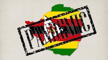 9 kısa video. Küçük mikroplar ve virüsler, bayrağının renginde Zimbabwe ülkesinin haritasına dönüşür. Doktor elleri mavi tıbbi eldivenler, yazıtlar, pullar, salgın hastalık, karantina, virüs