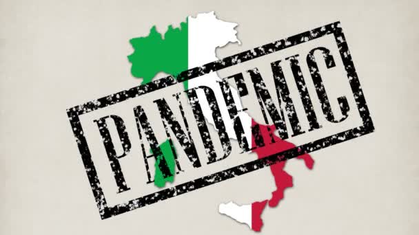 9 korta videor. små bakterier och virus förvandlas till karta över Italien land i färgen på dess flagga. läkare händer i blå medicinska handskar sätta inskriptioner, stämplar, som pandemi, karantän, virus, coronavirus — Stockvideo