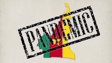 9 kısa video. Küçük mikroplar ve virüsler bayrak renginde Kamerun ülkesinin haritasına dönüşür. Doktor elleri mavi tıp eldivenleri ile pandemik, karantina, virüs, koronavirüs gibi yazıtlar, pullar koydu.