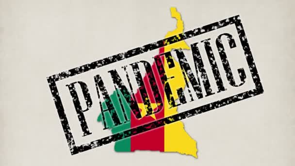 9 krótkich filmów. małe zarazki i wirusy zamieniają się w mapę Kamerunu z jego kolorem flagi. ręce lekarza w niebieskich rękawicach medycznych umieścić napisy, znaczki, jak pandemia, kwarantanna, wirus, koronawirus — Wideo stockowe