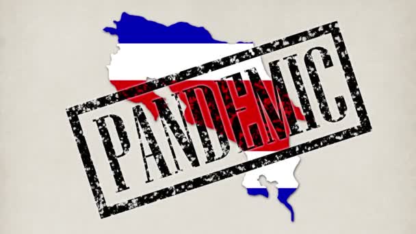 9 krótkich filmów. małe zarazki i wirusy zamieniają się w mapę kraju Kostaryki z jego kolorem flagi. ręce lekarza w niebieskich rękawicach medycznych umieścić napisy, znaczki, jak pandemia, kwarantanna, wirus — Wideo stockowe