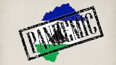 9 kısa video. Küçük mikroplar ve virüsler bayrak renginde Lesotho ülkesinin haritasına dönüşür. Doktor elleri mavi tıp eldivenleri ile pandemik, karantina, virüs, koronavirüs gibi yazıtlar, pullar koydu.