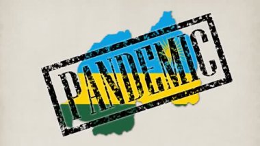 9 kısa video. Küçük mikroplar ve virüsler bayrak renginde Ruanda ülkesinin haritasına dönüşür. Doktor elleri mavi tıp eldivenlerine yazılar, pullar pandemik, karantina, virüs, koronavirüs...