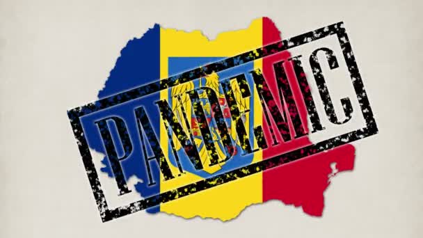 9 videos cortos. pequeños gérmenes y virus se convierten en mapa del país de Rumania con su color de bandera. manos del médico en guantes médicos azules poner inscripciones, sellos pandemia, cuarentena, virus, coronavirus — Vídeo de stock