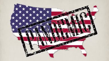 9 kısa video. Küçük mikroplar ve virüsler bayrak renginde ABD ülkesinin haritasına dönüşür. Doktor elleri mavi tıp eldivenlerine yazılar, pullar pandemik, karantina, virüs, koronavirüs, covid