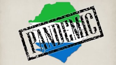 9 kısa video. Küçük mikroplar ve virüsler bayrak renginde Sierra Leone ülkesinin haritasına dönüşür. Doktor elleri mavi tıp eldivenlerine yazılar, pullar pandemik, karantina, virüs, koronavirüs...