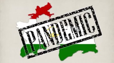 9 kısa video. Küçük mikroplar ve virüsler, bayrak renginde Tacikistan ülkesinin haritasına dönüşür. Doktor elleri mavi tıp eldivenlerine yazılar, pullar pandemik, karantina, virüs, koronavirüs...