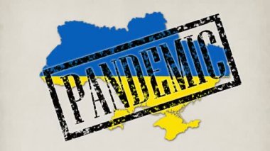 9 kısa video. Küçük mikroplar ve virüsler, bayrak renginde Ukrayna ülkesinin haritasına dönüşür. Doktor elleri mavi tıp eldivenlerine yazılar, pullar pandemik, karantina, virüs, koronavirüs...