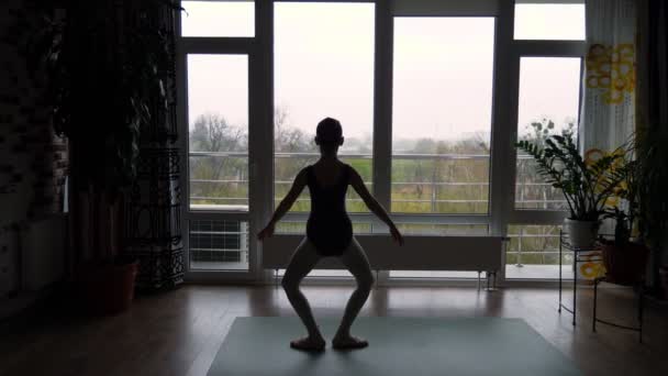 Silhouette noire d'une petite danseuse de ballet, fille en justaucorps de ballet, pratiquant le ballet à la maison. leçons de ballet à la maison, cours en ligne. sur fond de grande fenêtre — Video