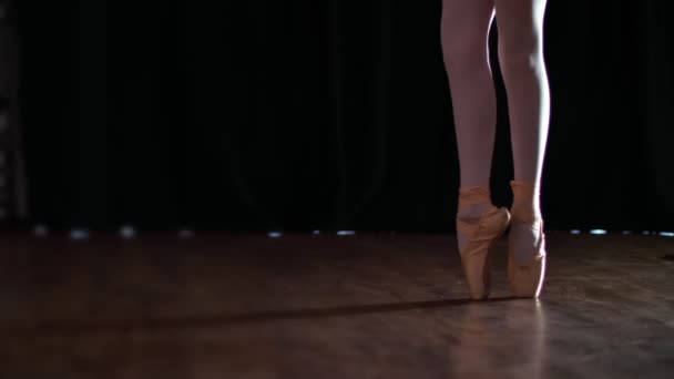 Primo piano di ballerini di balletto gambe in punta. Piccolo ballerino che pratica esercizi di punta. Ballerine piedi in scarpe. Ragazza mostra balletto classico pas . — Video Stock