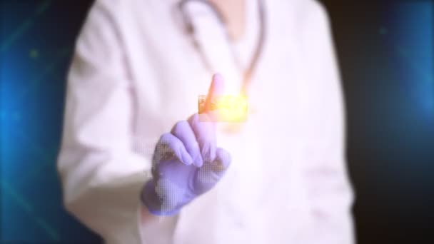 Doctor, con guantes médicos azules, presenta una imagen holográfica de las compras en el supermercado. El doctor hace el fotograma congelado, pone el sello - cerrado. Prohibiciones durante la epidemia de coronavirus, cuarentena . — Vídeos de Stock