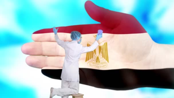 Медсестра в медицинской маске и перчатках моет большую руку, раскрашенную в цвета египетского флага. Государственная забота о здоровье нации. Мыть руки концепция. Защита от вирусов. Профилактика заболеваний . — стоковое видео