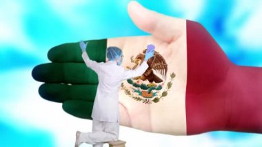 Tıbbi maskeli ve eldivenli hemşire, Meksika bayrağı renginde boyanmış büyük elleri yıkıyor. Ulusal sağlık hizmetleri. Ellerinizi yıkayın. Virüs koruması. Hastalıkların önlenmesi.