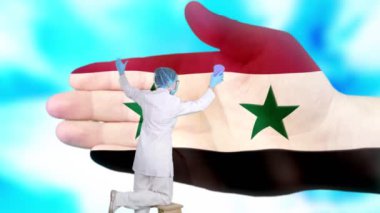 Tıbbi maskeli ve eldivenli hemşire, Suriye bayrağı renginde boyanmış büyük elleri yıkıyor. Ulusal sağlık hizmetleri. Ellerinizi yıkayın. Virüs koruması. Hastalıkların önlenmesi.