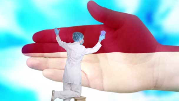 Enfermera en máscara médica y guantes lava la mano grande, pintado en colores de la bandera de Mónaco. Asistencia estatal para la salud nacional. Lávese las manos concepto. Protección contra virus. Prevención de enfermedades . — Vídeos de Stock