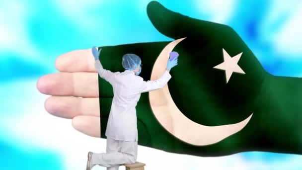 Nurse in medical mask and gloves washes large hand, painted in colors of Pakistan flag. State care for nation health. Wash your hands concept. Viruses protection. Diseases prevention. — Stock Video