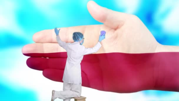 Nurse in medical mask and gloves washes large hand, painted in colors of Poland flag. State care for nation health. Wash your hands concept. Viruses protection. Diseases prevention. — Stock Video