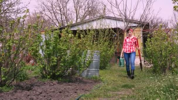 Female farmer walks through her garden with a shovel and watering can in her hands. spring sunny day. farming and agriculture cultivation. Garden equipment. Eco farm. — Stock Video