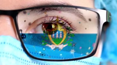 Yakın plan, göz, tıbbi maskeli doktor yüzü San Marino bayrağının renklerine boyanmış gözlükler. Birçok virüs, camlarda hareket eden mikroplar. Aşılara, uyuşturucu icatlarına, patojenik ilaçlara devletin ilgisi.
