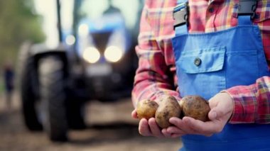 Yakın plan, çiftçi patatesleri elinde tutuyor, traktörlerin arka planına karşı. Patates hasadı, modern tarım, tarım. Kırsaldaki Eko Çiftliği.