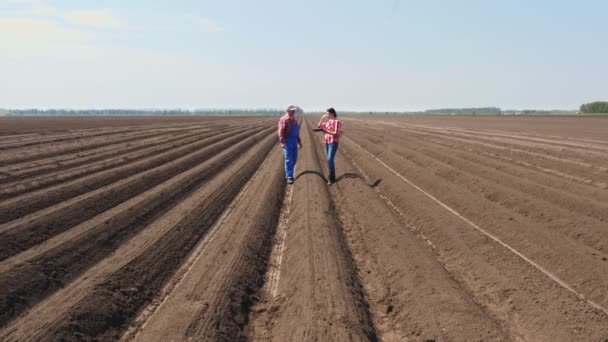 Boer en agronomist loopt door diepe groef, tussen de bodem rijen op het veld, met tablet, het testen van de kwaliteit van aardappel planten door cultivator.modern landbouw. zonnige lentedag. — Stockvideo