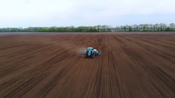CHERKASY, UKRAINE, 28 ΑΠΡΙΛΙΟΥ 2020: Aero, drone video. Ελκυστήρας που σπέρνει γη με σπόρους καλαμποκιού την άνοιξη. Σπέρνοντας καλαμπόκι επεξεργασμένο με φυτοφάρμακα. Καλλιέργεια αραβοσίτου σε γονιμοποιημένο έδαφος. — Αρχείο Βίντεο