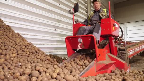 CHERKASY, UKRAINE, 28 AVRIL 2020 : travailleur sur machine spéciale, équipement, sert des pommes de terre sur bande transporteuse de tri en entrepôt. récolte, tri, transformation des pommes de terre . — Video