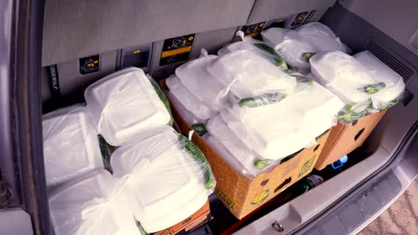 Close-up, Charity meals in plastic lunchboxes and cardboard containers are loaded to car. free food delivery for poor people during lock down of covid19. donating aid — Stock Video