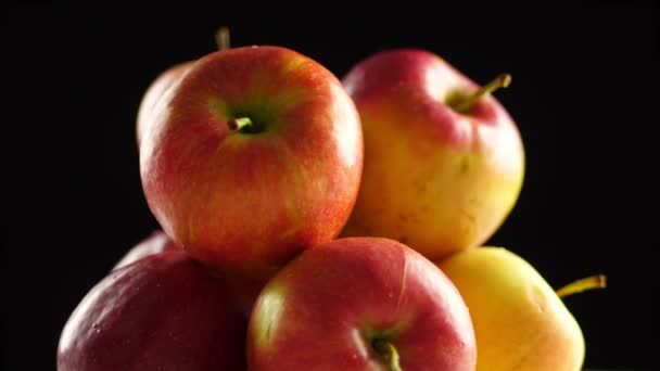 Gros plan, belles pommes rouges juteuses, filant sur fond noir. épicerie achats en ligne. livraison de nourriture. récolte de pommes. emballage de fruits, éco-agriculture — Video